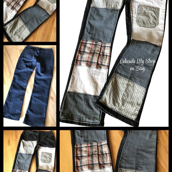 Upcycled Patchwork Jeans, Size 12: Black Grunge Hippie Pants, Tattered Patches - Picture 12 of 12